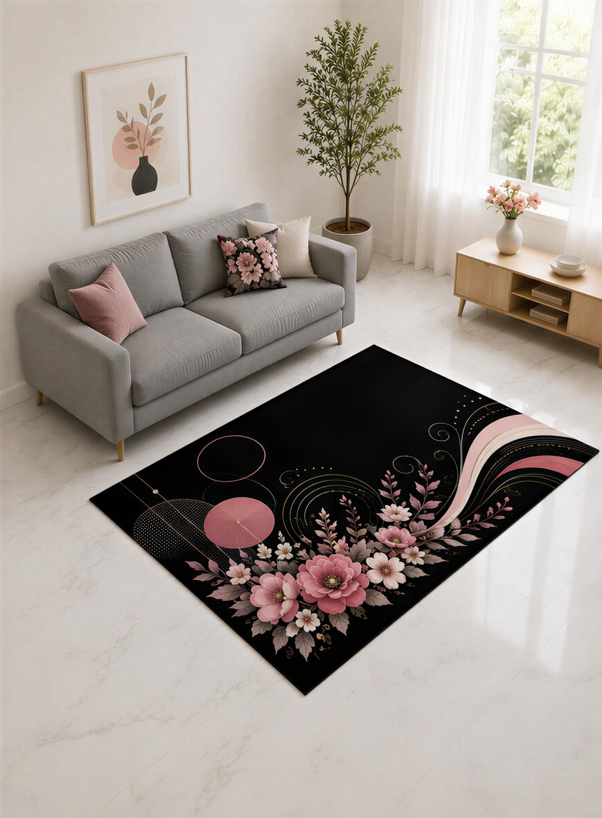 ICE ARMOR "Ultra Lightweight 5' x 7' Rose and Black Floral Ribbon Area Rug for Living Room, Bedroom and Home Office, Soft Low Pile Carpet with Non-Slip Silicone Backing