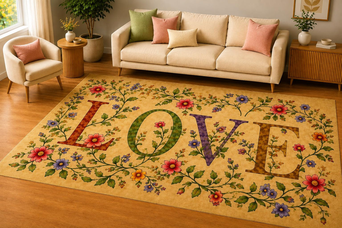 ICE ARMOR 5' x 7' Floral Vine Love Area Rug, Soft Low Pile Indoor Rug with Non-Slip Silicone Backing, Decorative Carpet for Living Room, Bedroom, Office, Beige Pastel