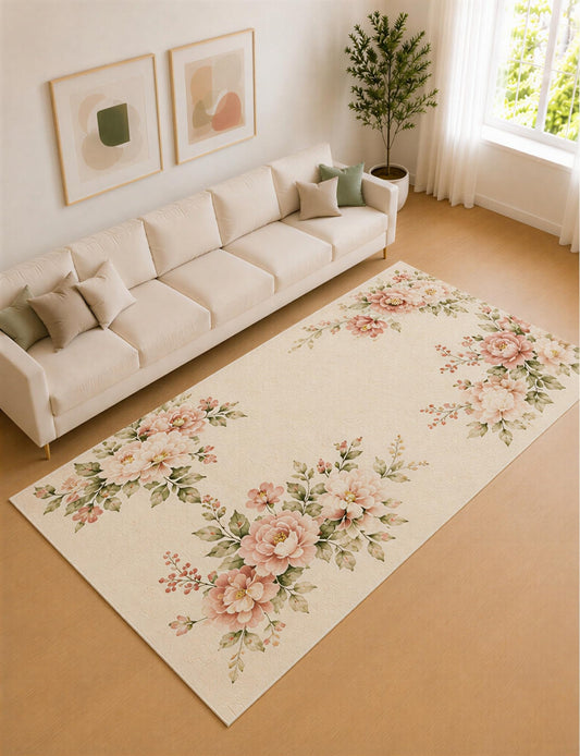 ICE ARMOR Large 6'7" x 9'10" Blush Pink and Ivory Floral Border Area Rug for Living Room, Soft Low Pile Carpet with Non-Slip Silicone Backing, Decor for Bedroom and Home Office