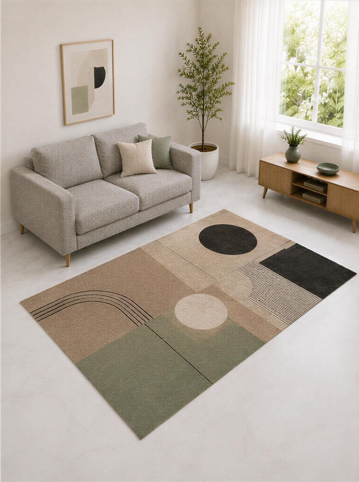 ICE ARMOR "Ultra Lightweight 5' x 7' Taupe and Olive Minimal Shape Collage Area Rug for Living Room, Bedroom and Home Office, Soft Low Pile Carpet with Non-Slip Silicone Backing