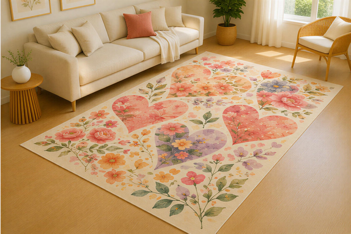 ICE ARMOR 5' x 7' Romantic Floral Heart Bouquet Area Rug for Living Room, Soft Low Pile Indoor Rug with Non-Slip Silicone Backing, Decorative Carpet for Bedroom, Family Room, Office, Cream Pink