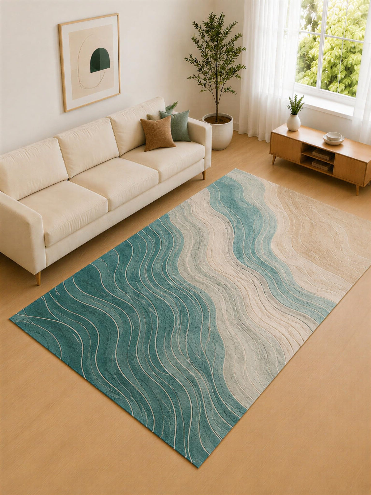 ICE ARMOR Large 6'7" x 9'10" Teal Blue and Ivory Contour Waves Area Rug for Living Room, Soft Low Pile Carpet with Non-Slip Silicone Backing, Decor for Bedroom and Home Office