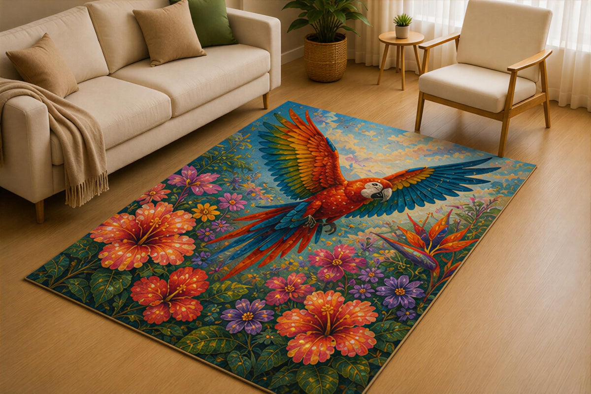 ICE ARMOR 5' x 7' Flying Macaw Tropical Area Rug for Living Room, Soft Low Pile Indoor Rug with Non-Slip Silicone Backing, Exotic Bird Carpet for Bedroom, Office, Family Room, Blue Red