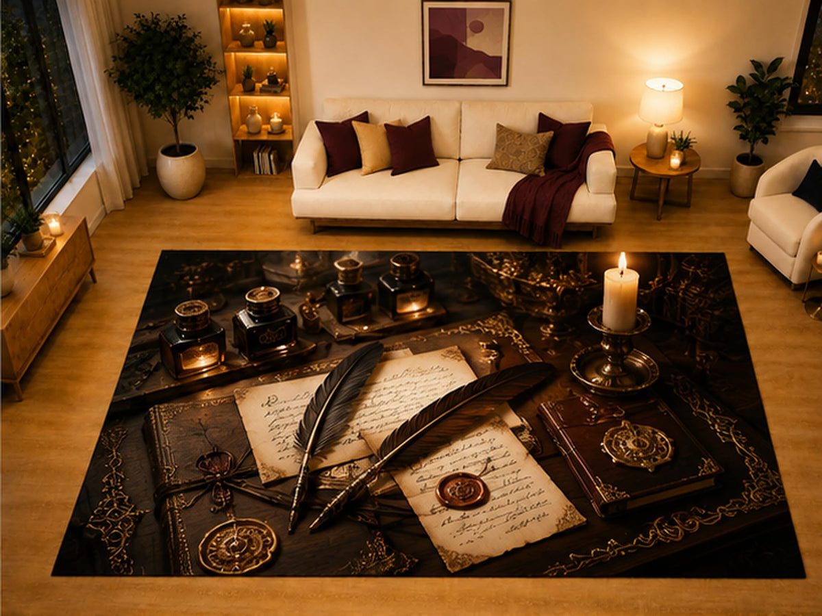 ICE ARMOR "Ultra Light Weight Large 6'7" x 9'10" Gothic Writing Desk Area Rug for Living Room Bedroom Dining Area, Soft Low Pile Non-Slip Backing, Black Burgundy Dark Academia Decor