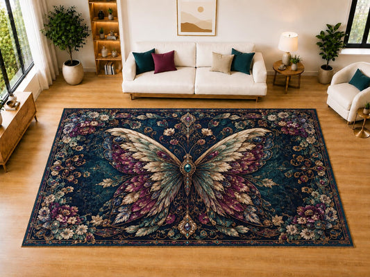 ICE ARMOR "Ultra Light Weight Large 6'7" x 9'10" Midnight Butterfly Floral Area Rug for Living Room, Bedroom, Dining Room, Soft Low Pile Non-Slip Backing, Navy Purple Teal