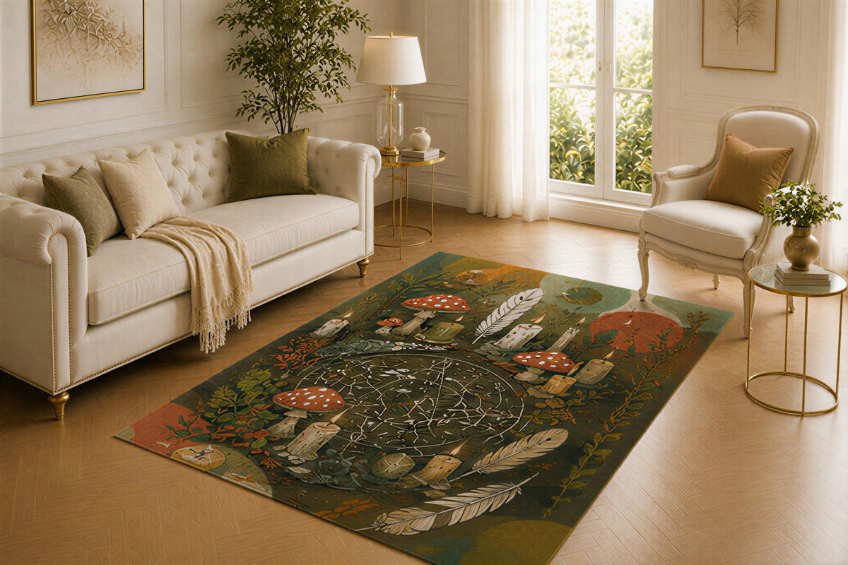 ICE ARMOR 5' x 7' Woodland Divination Rug, Mushroom Feather and Spirit Board Artwork, Smooth Printed Floor Cover for Game Room, Study and Bohemian Decor