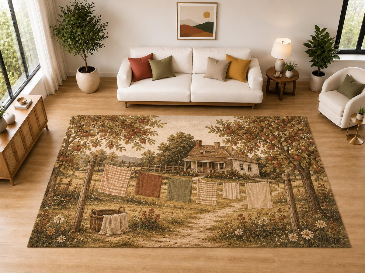 ICE ARMOR "Ultra Light Weight Large 6'7" x 9'10" Apple Orchard Laundry Area Rug for Dining, Living Room, Bedroom, Soft Low Pile Indoor Rug with Non-Slip Silicone Backing, Brown Cream
