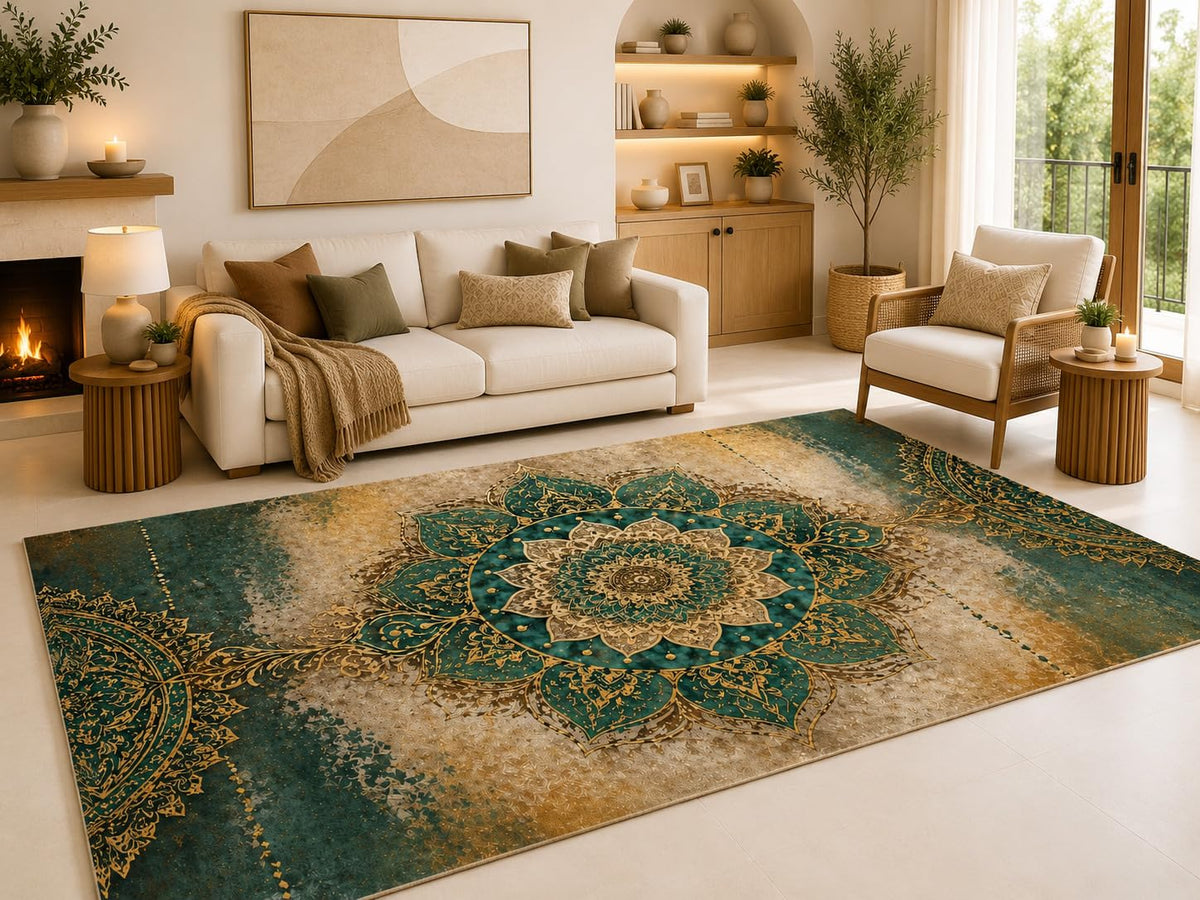 ICE ARMOR 6'7" x 9'10" Emerald Mandala Medallion Area Rug for Living Room, Soft Low Pile Carpet with Non-Slip Silicone Backing, for Bedroom, Dining Area and Office, Green, Ideal for Large Spaces