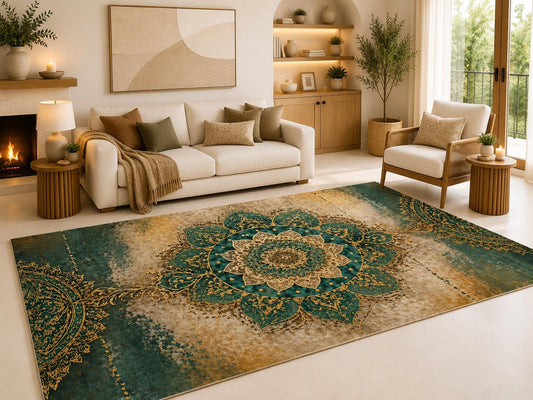 ICE ARMOR 6'7" x 9'10" Emerald Mandala Medallion Area Rug for Living Room, Soft Low Pile Carpet with Non-Slip Silicone Backing, for Bedroom, Dining Area and Office, Green, Ideal for Large Spaces