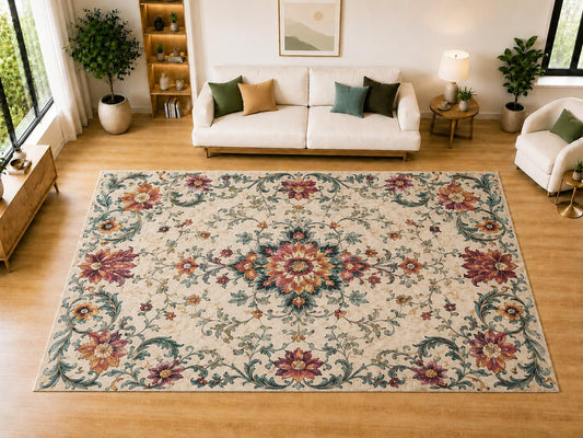 ICE ARMOR "Ultra Light Weight Large 6'7" x 9'10" Vintage Floral Medallion Scroll Area Rug for Living Room, Bedroom, Dining Room, Soft Low Pile Non-Slip Backing, Burgundy Teal Cream