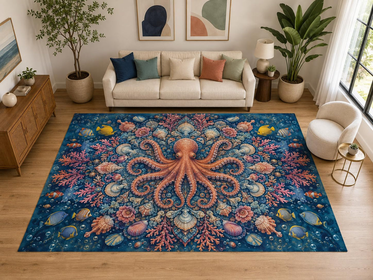 ICE ARMOR "Ultra Light Weight Large 6'7" x 9'10" Octopus Seashell Rug for Bedroom, Soft Low Pile Indoor Rug and Non-Slip Silicone Backing, Blue