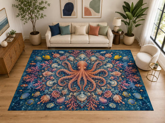 ICE ARMOR "Ultra Light Weight Large 6'7" x 9'10" Octopus Seashell Rug for Bedroom, Soft Low Pile Indoor Rug and Non-Slip Silicone Backing, Blue