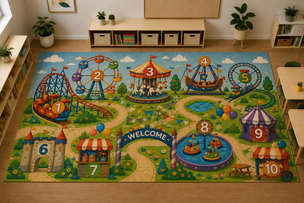 ICE ARMOR Large 6'7" x 9'10" Amusement Park Counting Area Rug, Soft Low Pile Indoor Rug with Non-Slip Silicone Backing for Kids Room, Playroom, Blue