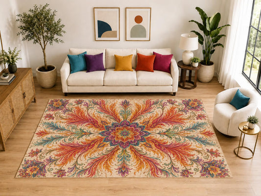 ICE ARMOR "Ultra Light Weight Large 6'7" x 9'10" Boho Floral Burst Rug, Soft Low Pile Indoor Rug, Non-Slip Silicone Backing for Living Room Beige
