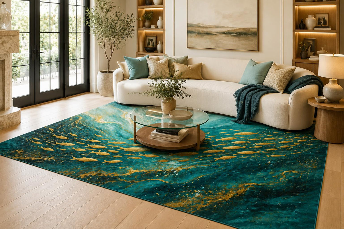 ICE ARMOR 6'7" x 9'10" Teal, Turquoise and Beige School of Fish Area Rug for Living Room, Soft Low Pile Carpet with Non-Slip Backing for Bedroom, Dining Room and Office