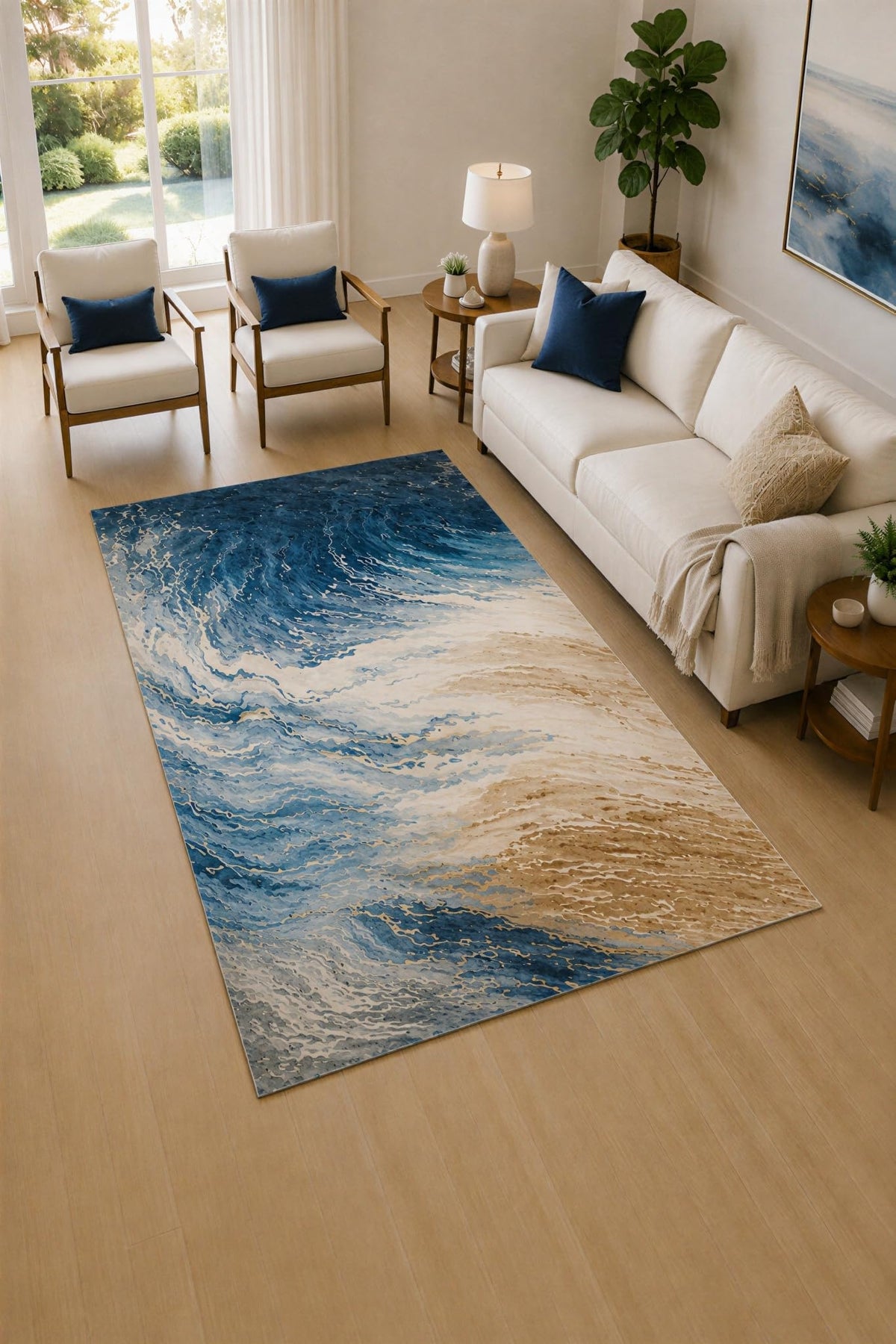 ICE ARMOR 5' x 7' Navy and Beige Tidal Marble Area Rug for Living Room, Soft Low Pile Carpet with Non-Slip Silicone Backing, Decor for Bedroom and Home Office