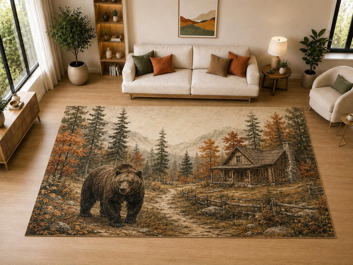 ICE ARMOR "Ultra Light Weight Large 6'7" x 9'10" Bear Cabin Autumn Forest Decor, Living Room, Bedroom, Dining Room, Office, Family Room, Soft Low Pile Indoor Rug, Non-Slip Silicone Backing, Brown