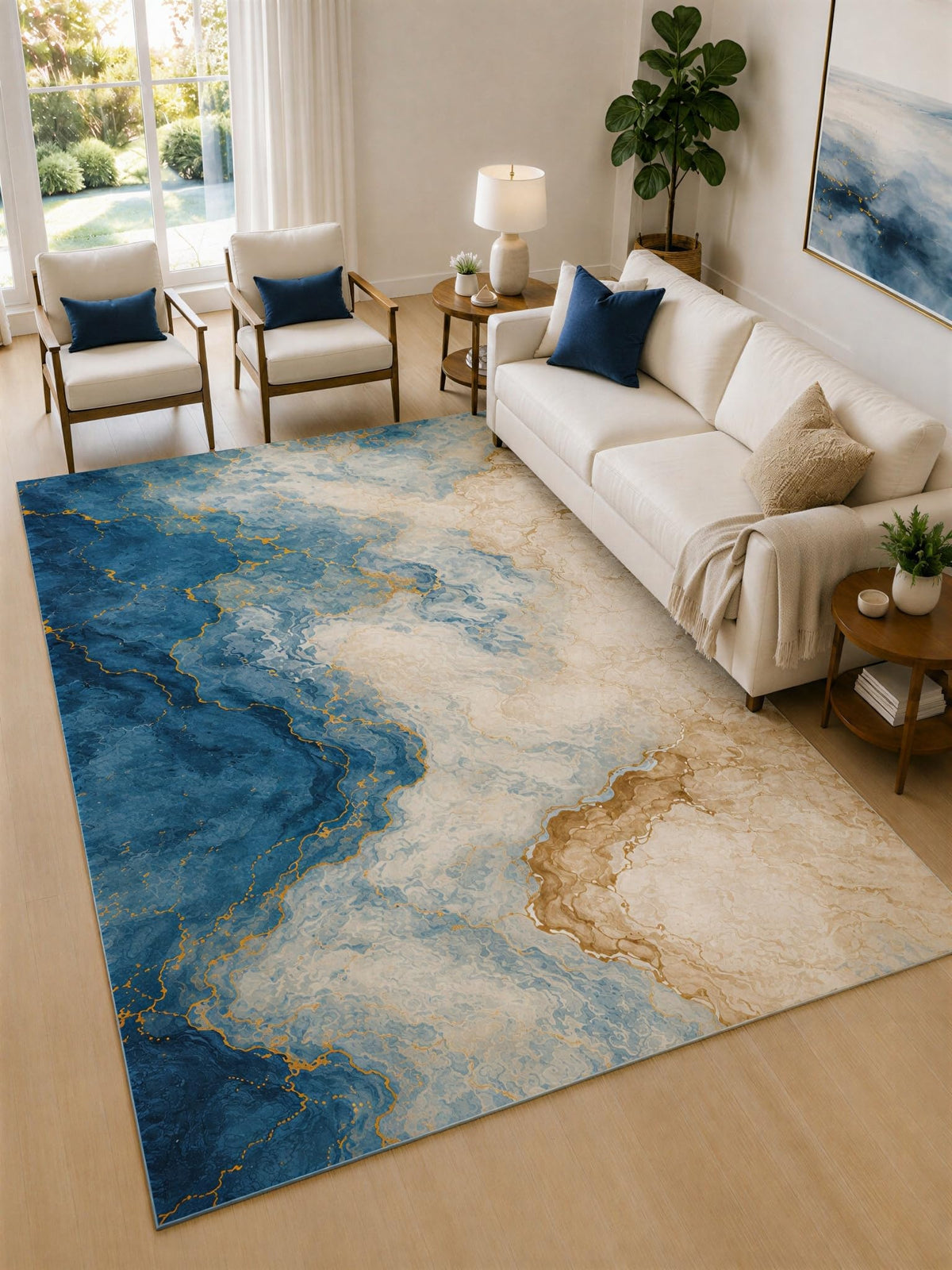 ICE ARMOR Large 6'7" x 9'10" Blue and Beige Ocean Veins Area Rug for Living Room, Soft Low Pile Carpet with Non-Slip Silicone Backing, Decor for Bedroom and Home Office