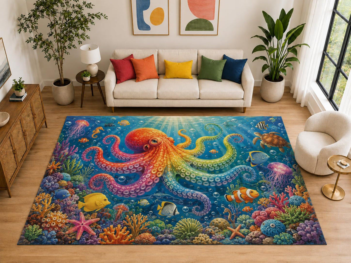 ICE ARMOR "Ultra Light Weight Large 6'7" x 9'10" Rainbow Octopus Rug Kids Room, Soft Low Pile Indoor Rug and Non-Slip Silicone Backing, Blue