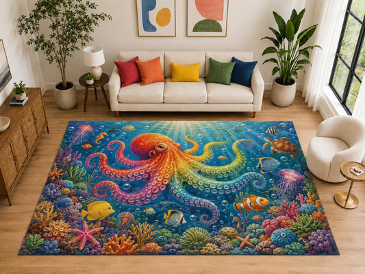 ICE ARMOR "Ultra Light Weight Large 6'7" x 9'10" Rainbow Octopus Rug Kids Room, Soft Low Pile Indoor Rug and Non-Slip Silicone Backing, Blue