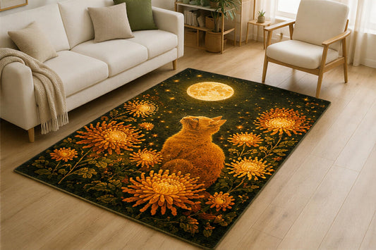 ICE ARMOR 5' x 7' Moonlit Cat Floral Area Rug for Living Room, Soft Low Pile Indoor Rug with Non-Slip Silicone Backing, Celestial Decorative Carpet for Bedroom, Office, Family Room, Black Orange