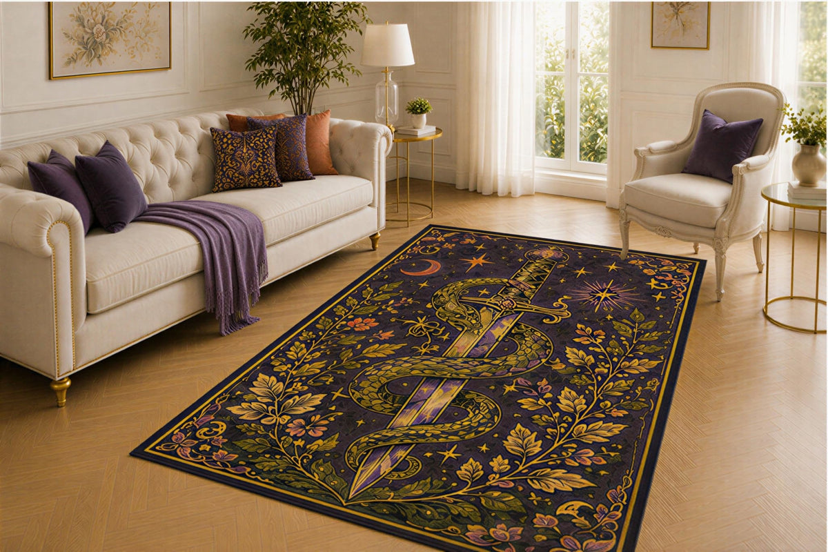 ICE ARMOR 5' x 7' Serpent Sword Rug, Botanical Vine and Celestial Star Design, Smooth Printed Floor Cover for Bedroom, Library, Office and Dark Fantasy Decor