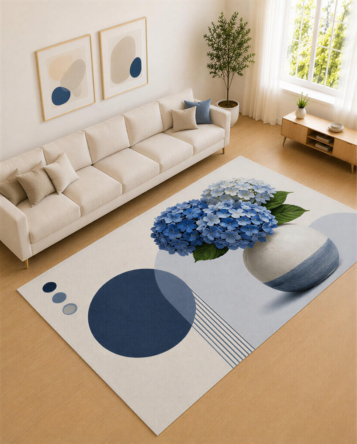 ICE ARMOR Large 6'7" x 9'10" Navy Blue and Ivory Hydrangea Vase Area Rug for Living Room, Soft Low Pile Carpet with Non-Slip Silicone Backing, Decor for Bedroom and Home Office