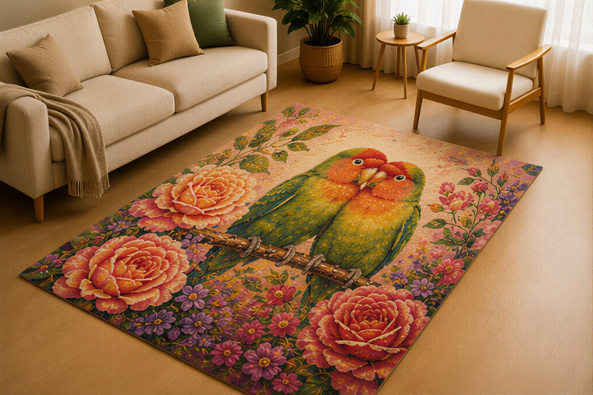 ICE ARMOR 5' x 7' Lovebird Rose Garden Area Rug for Living Room, Soft Low Pile Indoor Rug with Non-Slip Silicone Backing, Floral Carpet for Bedroom, Nursery, Kids & Pets, Green Pink