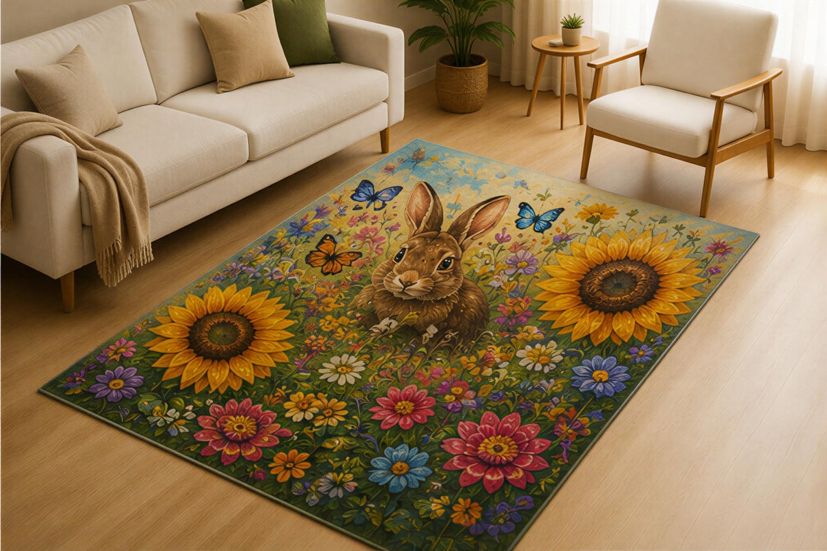 ICE ARMOR 5' x 7' Rabbit Sunflower Meadow Area Rug for Living Room, Soft Low Pile Indoor Rug with Non-Slip Silicone Backing, Spring Floral Carpet for Bedroom, Nursery, Kids & Pets, Yellow Green