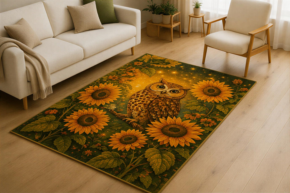 ICE ARMOR 5' x 7' Sunflower Owl Area Rug for Living Room, Soft Low Pile Indoor Rug with Non-Slip Silicone Backing, Woodland Wildlife Carpet for Bedroom, Office, Family Room, Yellow Green