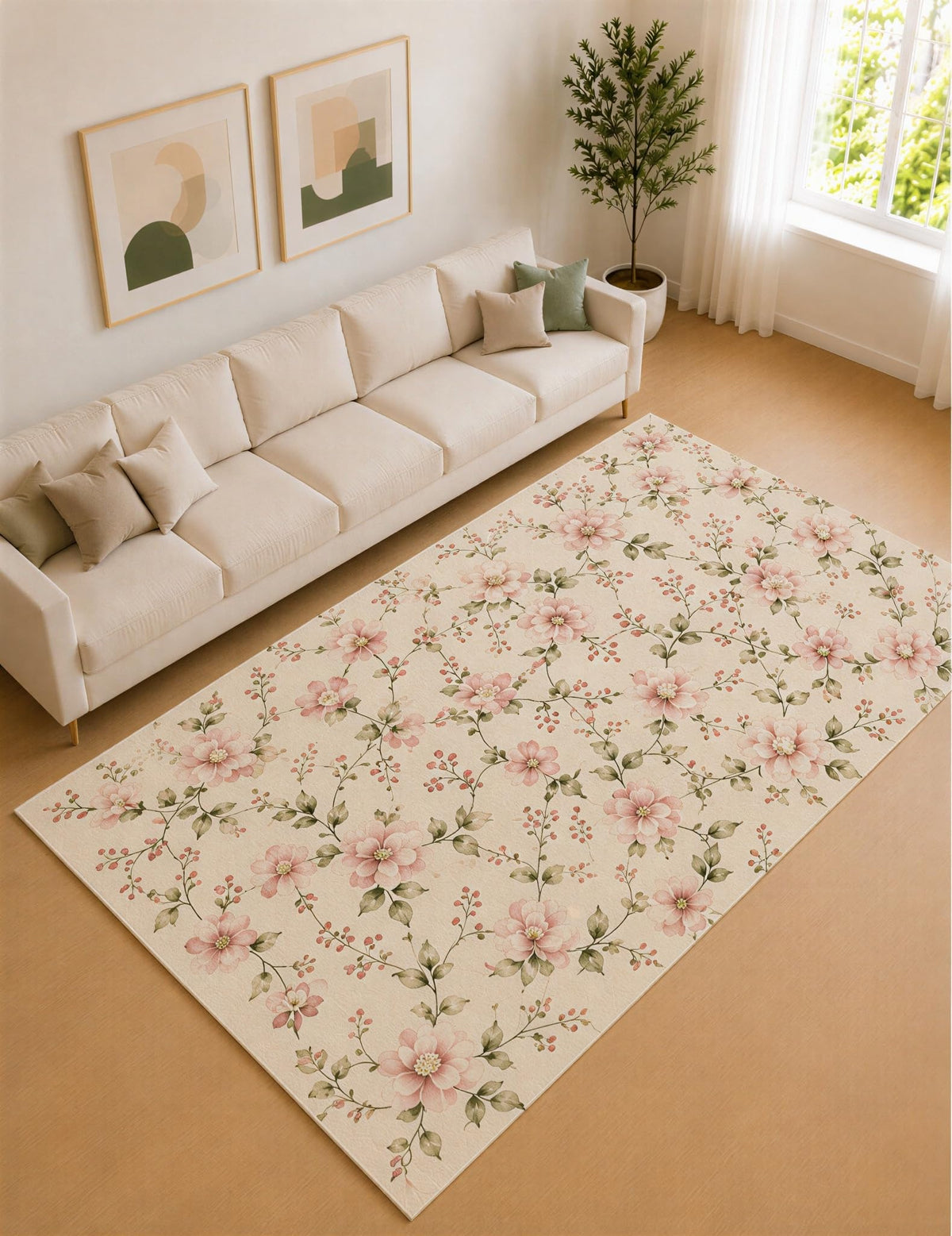 ICE ARMOR Large 6'7" x 9'10" Blush Pink and Ivory Floral Vines Area Rug for Living Room, Soft Low Pile Carpet with Non-Slip Silicone Backing, Decor for Bedroom and Home Office