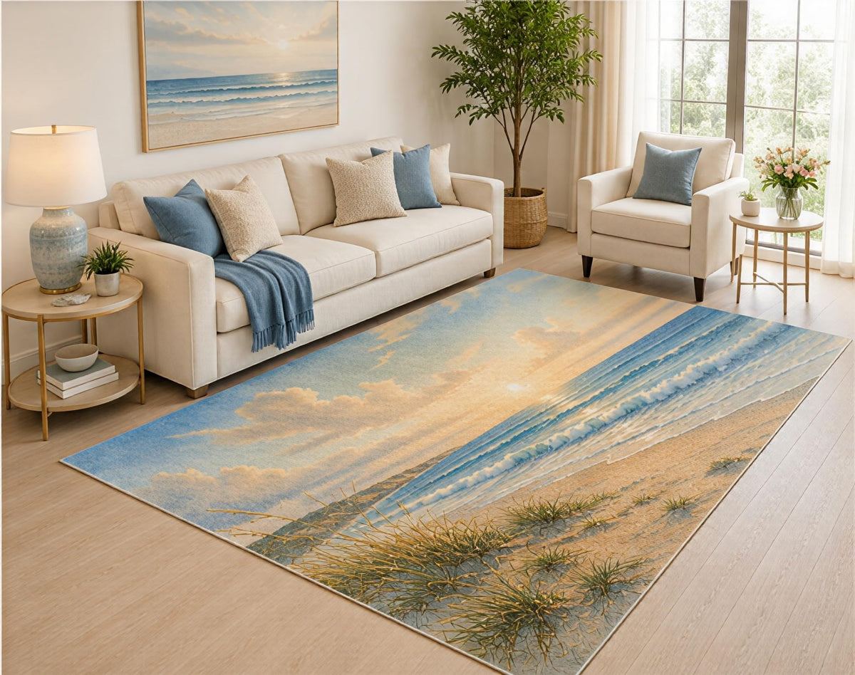 ICE ARMOR 5' x 7' Coastal Beach Sunset Area Rug, Ocean Shore Watercolor Landscape Design for Living Room Bedroom Guest Room, Non-Slip Silicone Backing, Low Pile Carpet