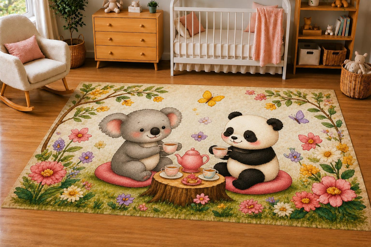 ICE ARMOR 5' x 7' Koala and Panda Tea Party Area Rug, Soft Low Pile Indoor Rug with Non-Slip Silicone Backing, Nursery, Kids Room, Playroom, Kids & Pets, Beige Pastel