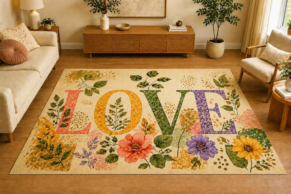 ICE ARMOR 5' x 7' Botanical Floral Love Area Rug, Soft Low Pile Indoor Rug with Non-Slip Silicone Backing, Decorative Carpet for Living Room, Bedroom, Office, Family Room, Beige Pastel