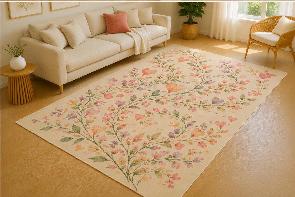ICE ARMOR 5' x 7' Heart Vine Garden Area Rug for Living Room, Soft Low Pile Indoor Rug with Non-Slip Silicone Backing, Botanical Carpet for Bedroom, Nursery, Playroom, Kids & Pets, Cream Pink