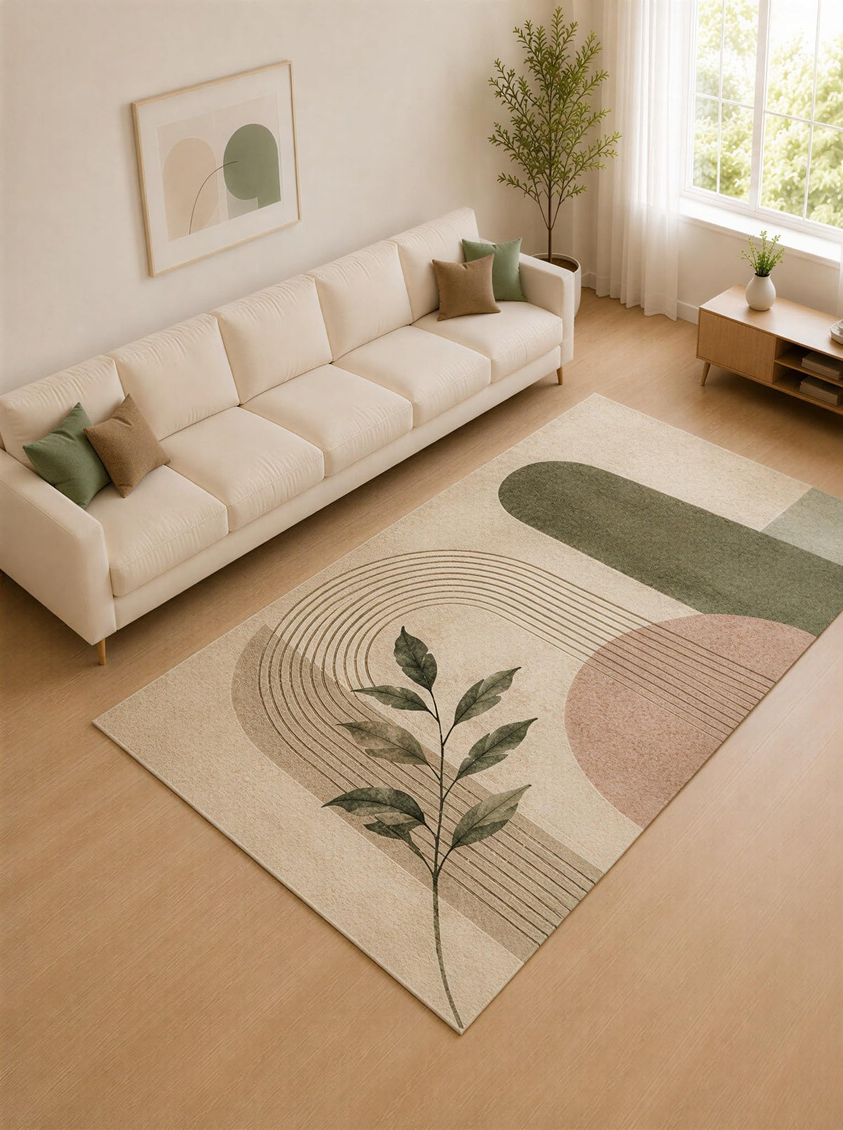 ICE ARMOR Large 6'7" x 9'10" Olive Green and Blush Abstract Arch Area Rug for Living Room, Soft Low Pile Carpet with Non-Slip Silicone Backing, Decor for Bedroom and Home Office