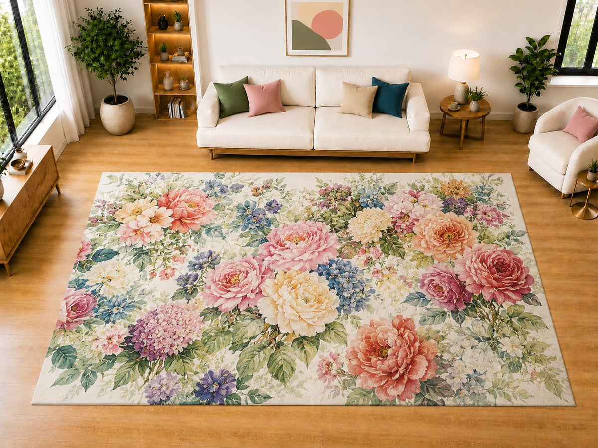 ICE ARMOR "Ultra Light Weight Large 6'7 x 9'10 Romantic Garden Flowers Area Rug for Living Room, Dining Room, and Bedroom, Soft Low Pile Indoor Rug, Elegant Floor Decor
