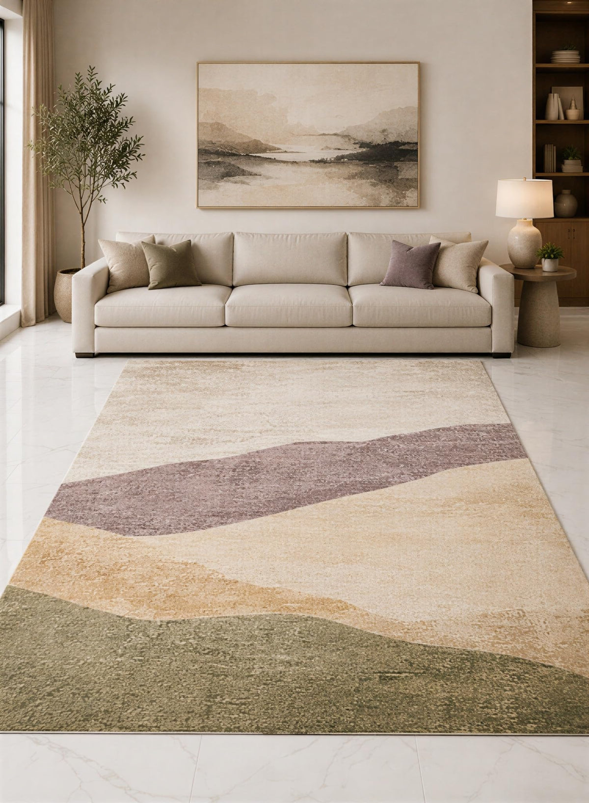 ICE ARMOR "Ultra Lightweight Large 6'7" x 9'10" Ivory and Olive Layered Hills Abstract Area Rug for Living Room, Bedroom and Home Office, Soft Low Pile Carpet with Non-Slip Silicone Backing
