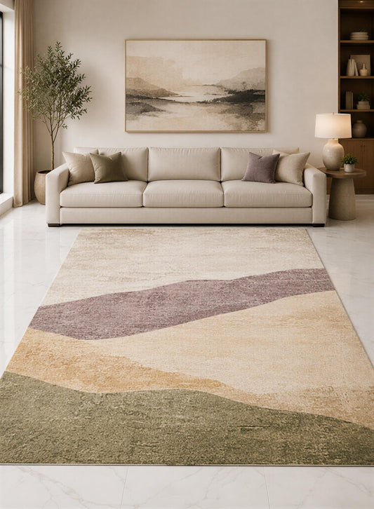 ICE ARMOR "Ultra Lightweight Large 6'7" x 9'10" Ivory and Olive Layered Hills Abstract Area Rug for Living Room, Bedroom and Home Office, Soft Low Pile Carpet with Non-Slip Silicone Backing