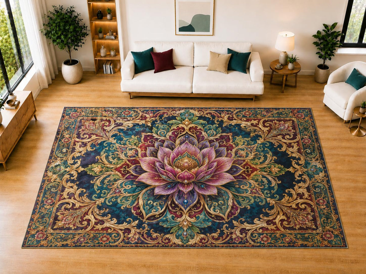 ICE ARMOR "Ultra Light Weight Large 6'7" x 9'10" Ornate Lotus Garden Area Rug for Living Room, Bedroom, Dining Room, Soft Low Pile Non-Slip Backing, Teal Burgundy Golden Violet