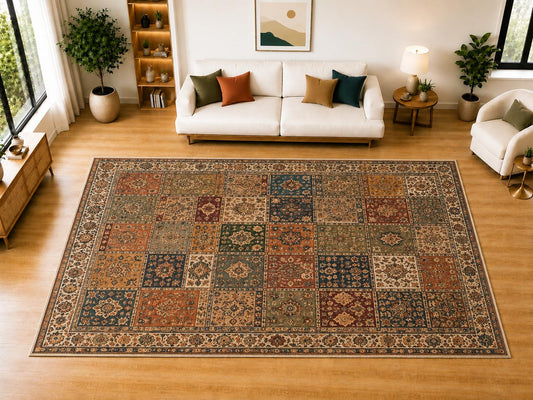 ICE ARMOR "Ultra Light Weight Large 6'7" x 9'10" Patchwork Tile Area Rug for Living Room Bedroom Dining Room, Soft Low Pile Non-Slip Backing, Rust Green Navy Beige Vintage Geometric Decor