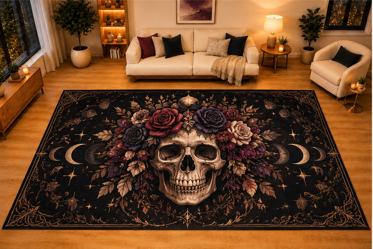 ICE ARMOR "Ultra Light Weight Large 6'7" x 9'10" Floral Skull Moon Phases Area Rug for Living Room Bedroom, Soft Low Pile Non-Slip Backing, Black Burgundy Gothic Celestial Decor