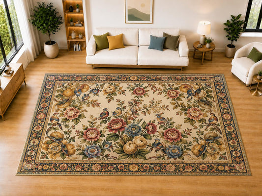 ICE ARMOR "Ultra Light Weight Large 6'7 x 9'10 Vintage Birds and Flowers Area Rug for Living Room, Dining Room, and Bedroom, Soft Low Pile Indoor Rug, Botanical Floor Decor