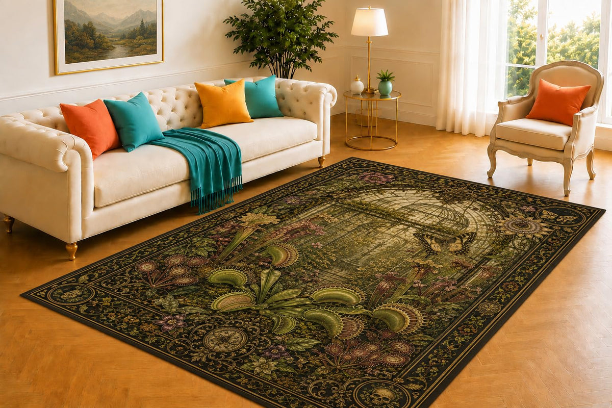 ICE ARMOR 5' x 7' Carnivorous Garden Rug, Venus Flytrap Butterfly and Glasshouse Design, Smooth Printed Floor Cover for Office, Lounge and Dark Botanical Decor