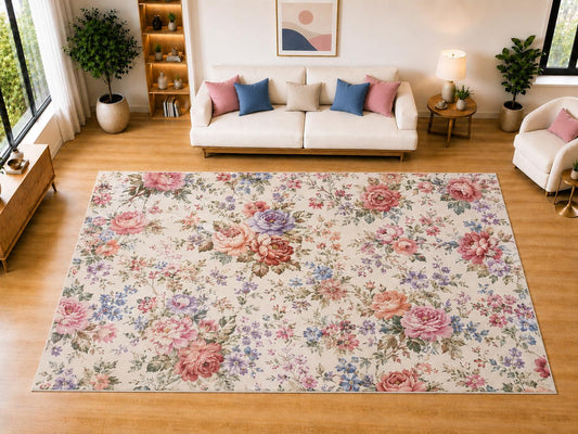 ICE ARMOR "Ultra Light Weight Large 6'7 x 9'10 Vintage Rose Garden Area Rug for Living Room, Dining Room, and Bedroom, Soft Low Pile Indoor Rug, Elegant Floral Floor Decor