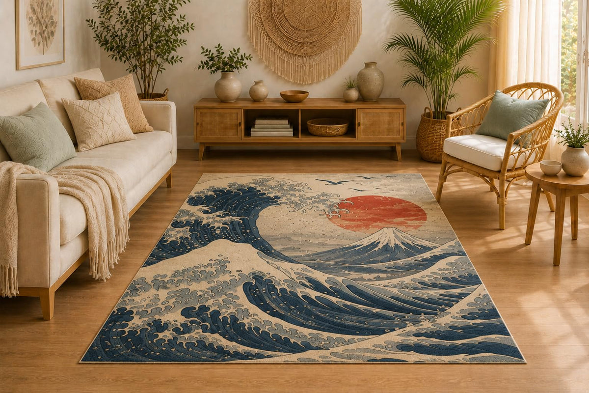 ICE ARMOR 5' x 7' Great Wave Mount Fuji Area Rug, Soft Low Pile Indoor Rug with Non-Slip Silicone Backing, Decorative Carpet for Living Room, Bedroom, Dining Room, Office, Japanese Art Decor