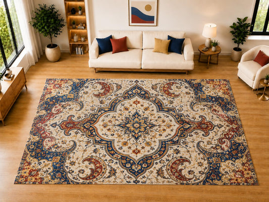 ICE ARMOR "Ultra Light Weight Large 6'7" x 9'10" Classic Navy Paisley Medallion Area Rug for Living Room, Bedroom, Dining Room, Soft Low Pile Non-Slip Backing, Navy Rust Cream