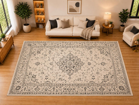 ICE ARMOR "Ultra Light Weight Large 6'7" x 9'10" Vintage Floral Medallion Area Rug for Living Room, Bedroom, Dining Room, Soft Low Pile Non-Slip Backing, Ivory Black
