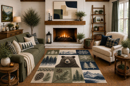 ICE ARMOR "Ultra Light Weight 5' x 7' Black Bear Patchwork Area Rug, Rustic Pine Forest Mountain Cabin Lodge Art for Living Room Bedroom Farmhouse, Non-Slip Silicone Backing Low Pile