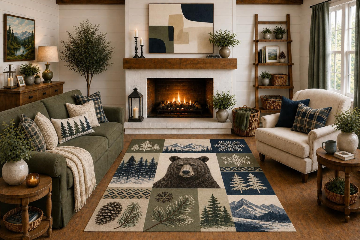ICE ARMOR "Ultra Light Weight 5' x 7' Black Bear Patchwork Area Rug, Rustic Pine Forest Mountain Snowflake Cabin Lodge Decor for Living Room Bedroom, Non-Slip Silicone Backing Low Pile